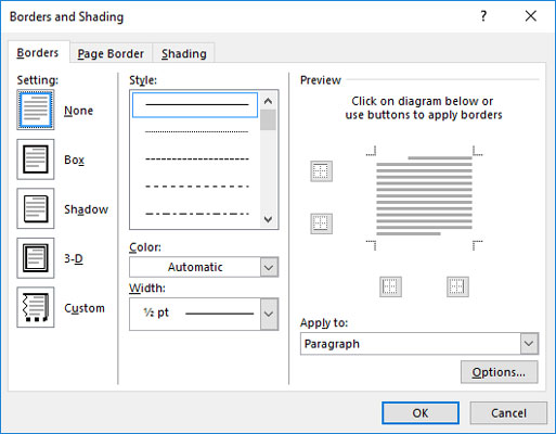 如何使用Microsoft Word的边框和底纹对话框?